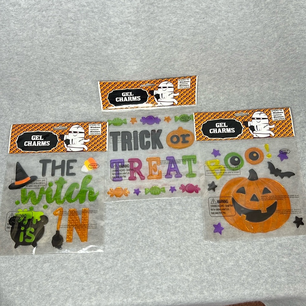 Halloween Window Gel Clings (3 packs) Boo Pumpkin,  Witch Is In, Trick or Treat